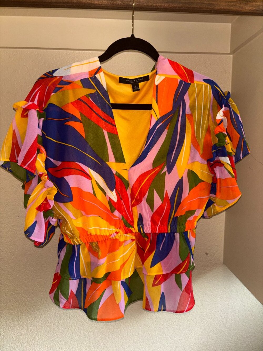 Marc New York Colorful Tropical Leaf Print Tiered Peplum Blouse